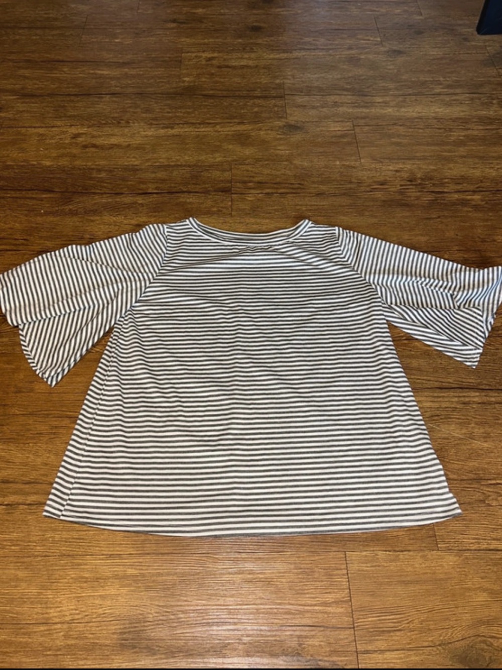 Tickled Teal Striped Bell-Sleeve Tunic in White and Gray